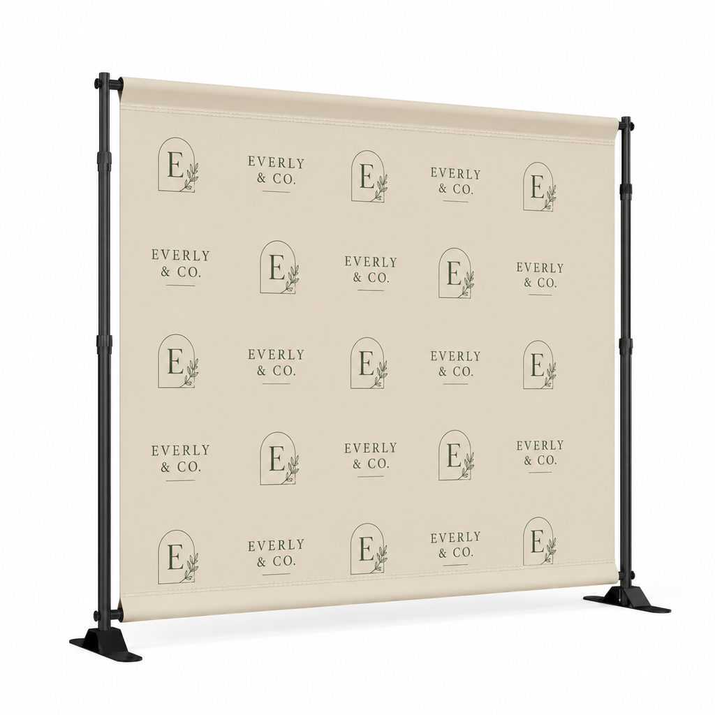 Step and repeat logo backdrop on an adjustable stand