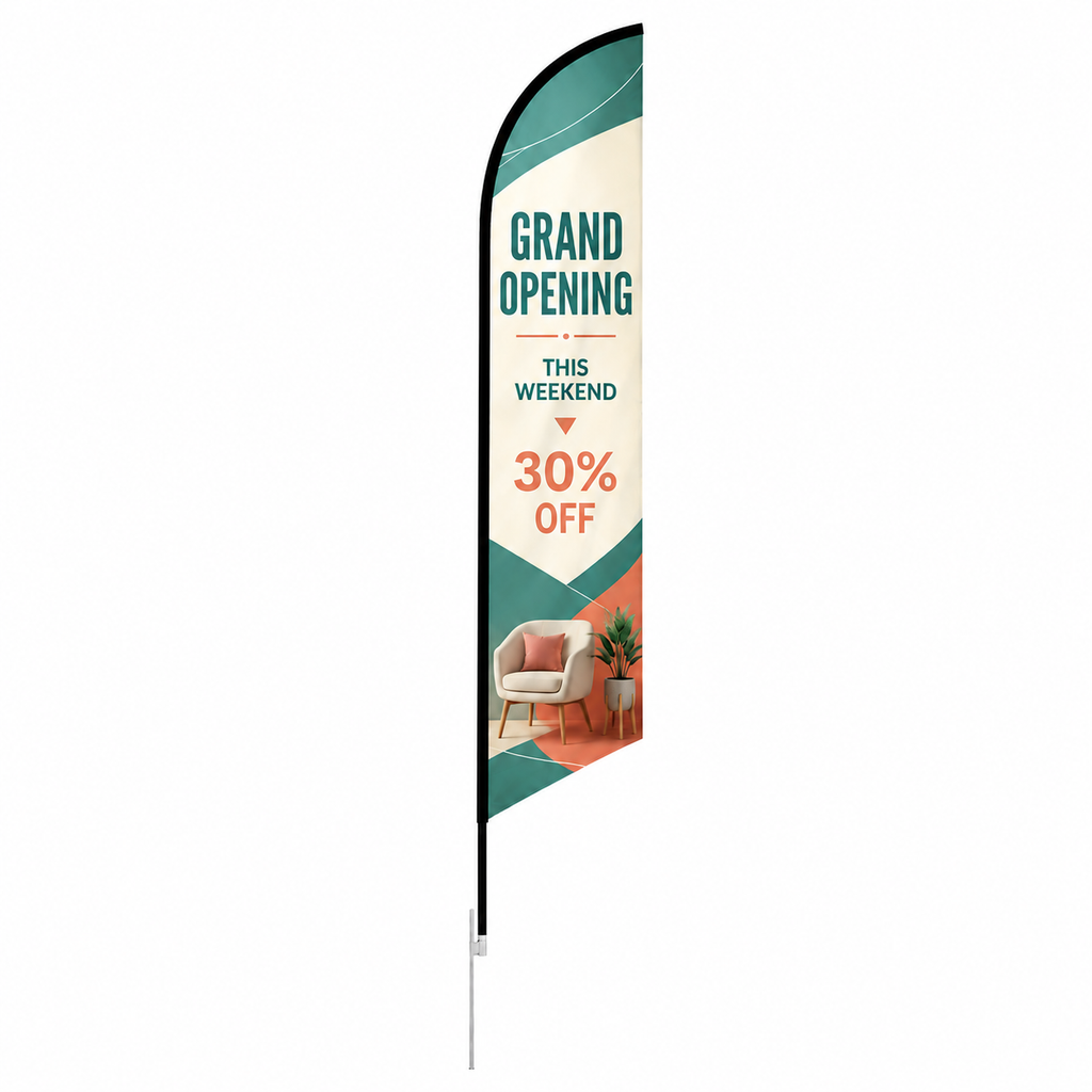 Feather flag with grand opening artwork